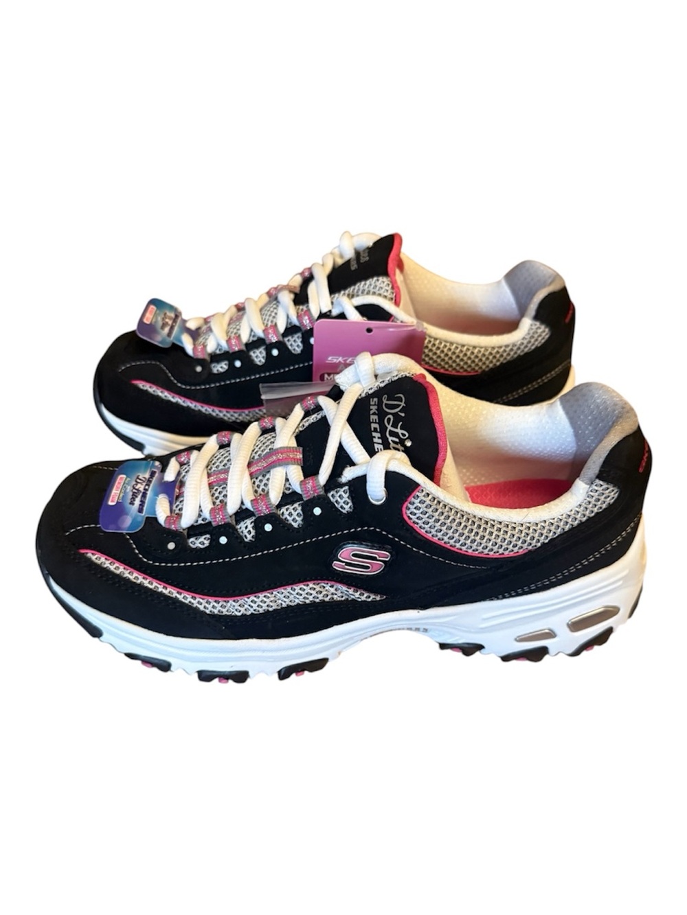 Sketchers D’Lites Air-Cooled Memory Foam Sneakers, Black/Pink, Size 7